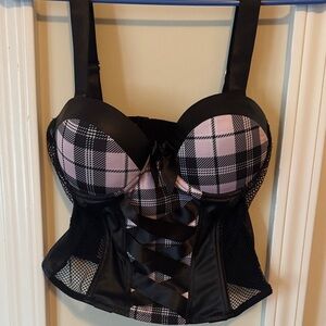 Plaid Lace-Up Bustier Corset Top in Pink and Black